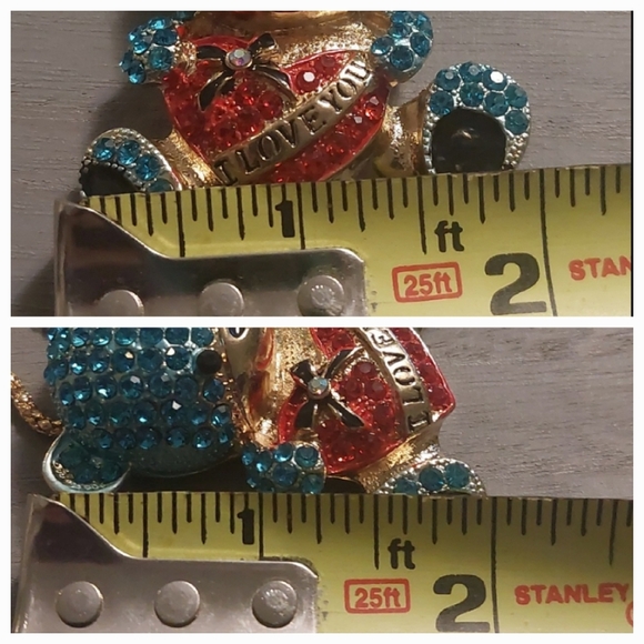 Betsey Johnson Gold Toned Blue Rhinestone Teddy Bear Red Heart Pendant Necklace - Picture 17 of 17